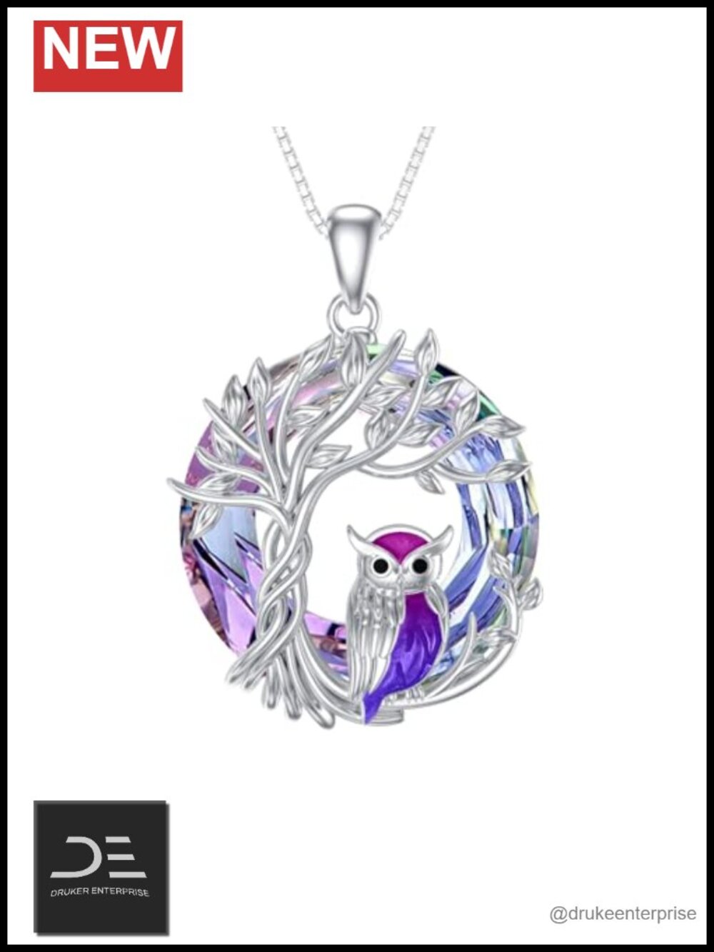 925 Sterling Silver Owl Tree of Life Pendant Necklace Crystal